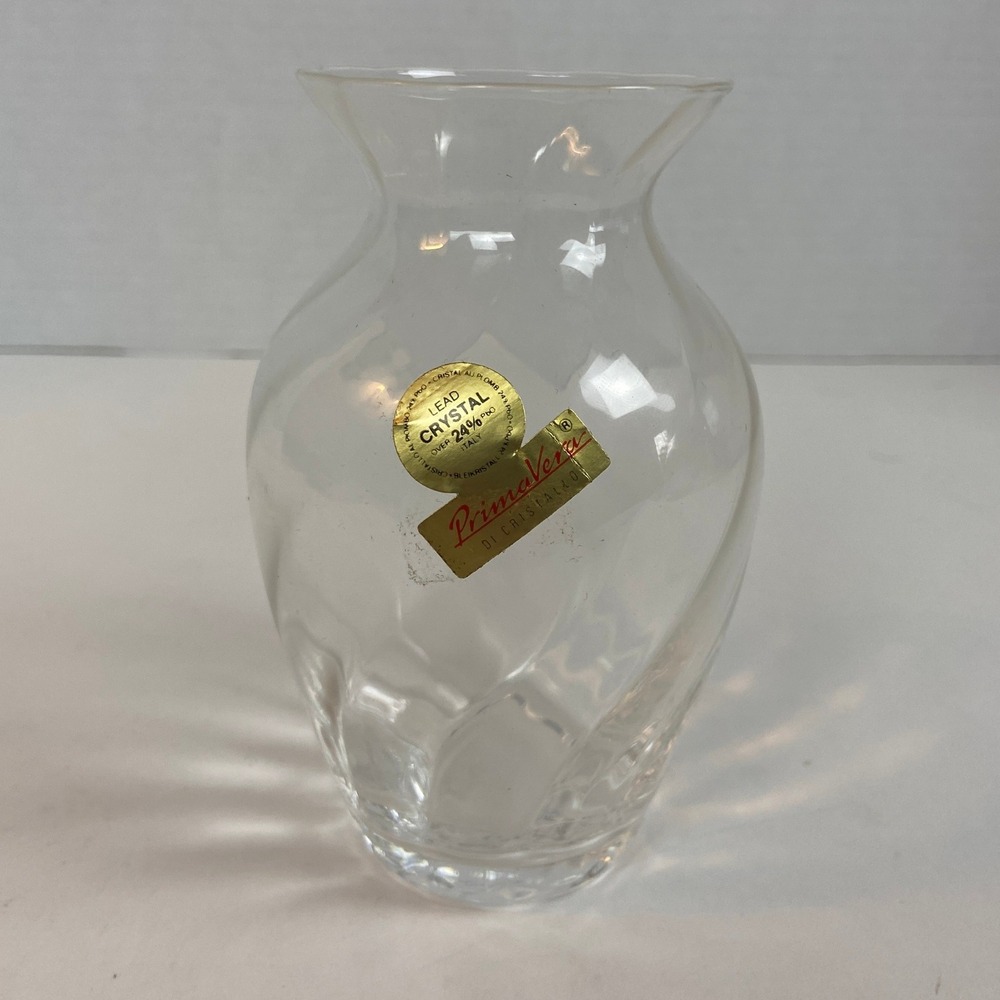 Vtg PrimaVera Italy 5" Clear Glass Swirl Optic Flower Vase Flared Rim Twisted